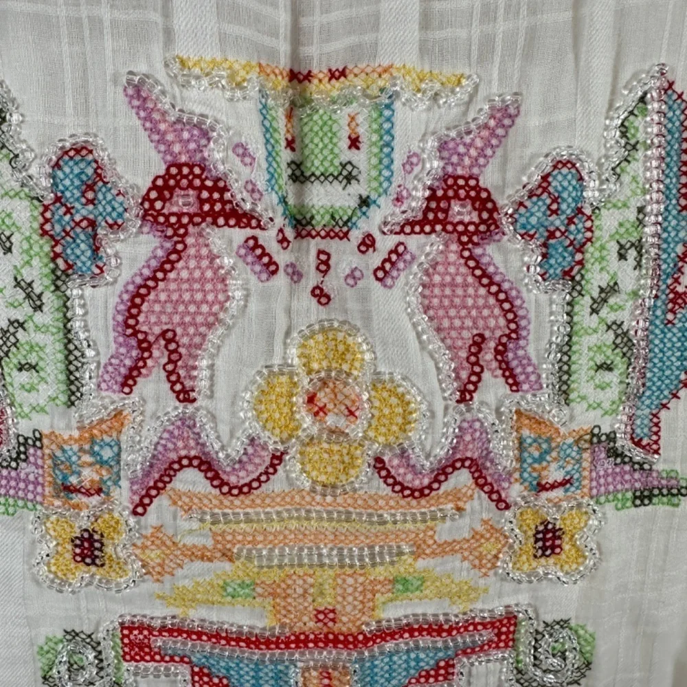 Y2K Da-Nang White Boho Sleeveless Cotton Embroidery Beaded Shift Dress Size S - Picture 4 of 15